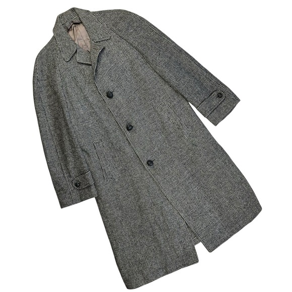 Vtg 1950s Harris Tweed Scotland Overcoat Topcoat Wool Men XL Gray Leather Button